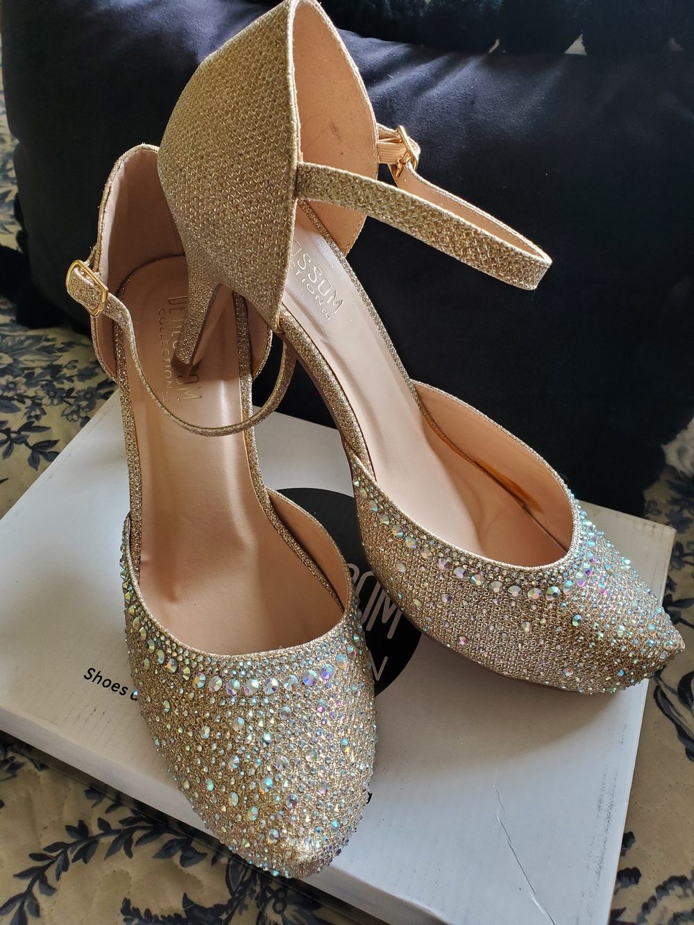 De Blossom Collection Gold Crystal Ankle-Strap Heels